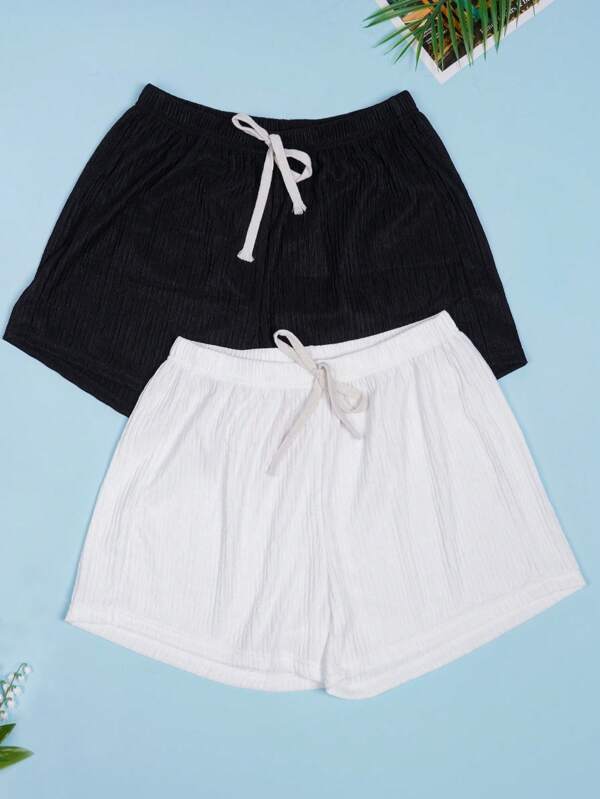 2pcs/Set Women Solid Faux Drawstring Casual Knitted Fabric Lounge Shorts, 1 Black 1 White, Romantic Home & Sleep Shorts For Spring, Summer,Vacation