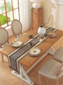 1pc Patchwork Tablecloth, Bohemian Farmhouse Style Table Runner, Modern Farmhouse Decor, Suitable For Country Style, Weddings, Bridal Shower Gifts - Dark Brown - View 3