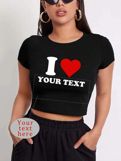 Camiseta deportiva corta de manga corta personalizada para mujer - Personaliza el diseño con el tema "I Love", agrega tu propio texto, elige el color y la fuente, diseña tu camiseta de manga corta personalizada e impresa en negro para el verano