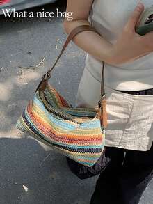 New Fashion Large Capacity Luxury Rainbow Woven Underarm Bag, High-Quality Relaxed Style Beach Play Simple Shoulder Bag