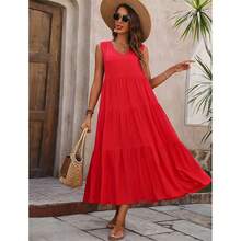 Womens Tiered Tank Dress Summer Sleeveless Solid Color A-Line Dress Long Flowy Dress - Red - View 3