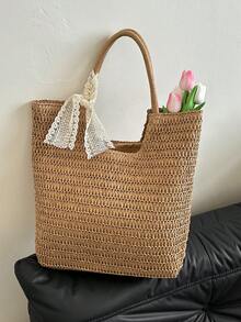 1pc Large Capacity Woven Straw Beach Handbag, Solid Color Summer Holiday Ladies Tote Bag - Khaki - View 6