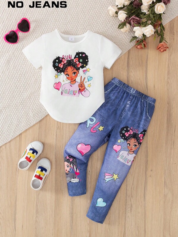 2pcs Young Girl Stylish Portrait Printing Short Sleeve Round Neck Asymmetrical Hem Top And Denim Effect Sport Leggings Casual Outdoor Outfit, Spring/Summer