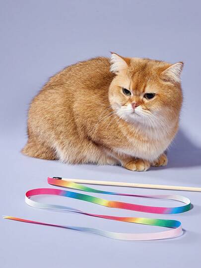 PETSIN 1pc 7-Color Rainbow Ribbon Cat Teaser Wand Interactive Toy