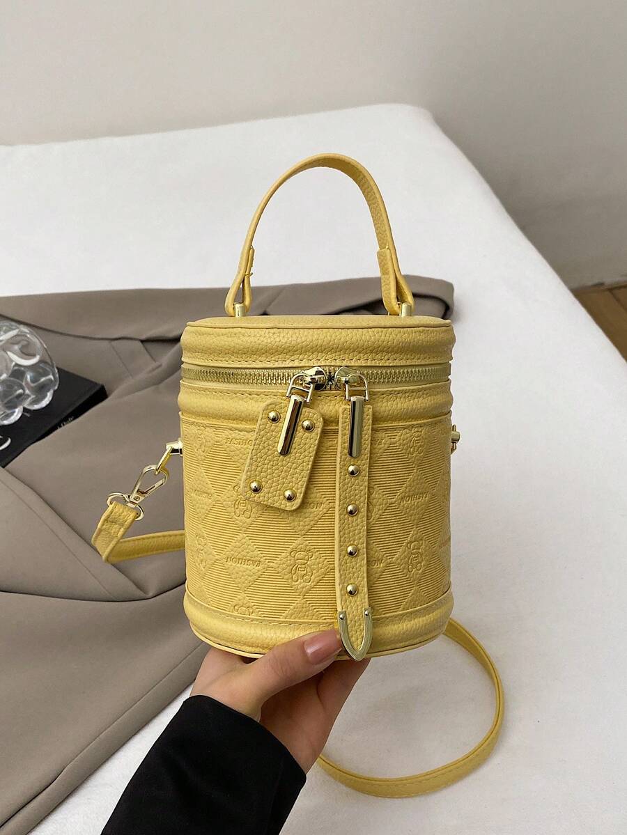 2024 Mini Red Color Contrast Handbag, Stylish Solid Color Women Cylinder Shoulder Crossbody Bag - Yellow - View 1