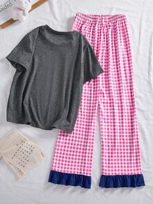2 Sets Girls Cute Pajamas With Short Sleeve Gray Cartoon & English Text T-Shirts And Pink & White Checkered Long Pants With Blue Trim, Elegant & Casual, Summer - Grey - View 4