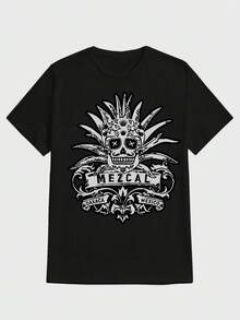 Para hombre,Camisa con estampado de calavera y "MEZCAL"-Estilo Tradicional y Mexicano,Camiseta casual de cuello redondo y manga corta con estampado,adecuada para uso diario en primavera y verano,unisex - Negro - Ver 1