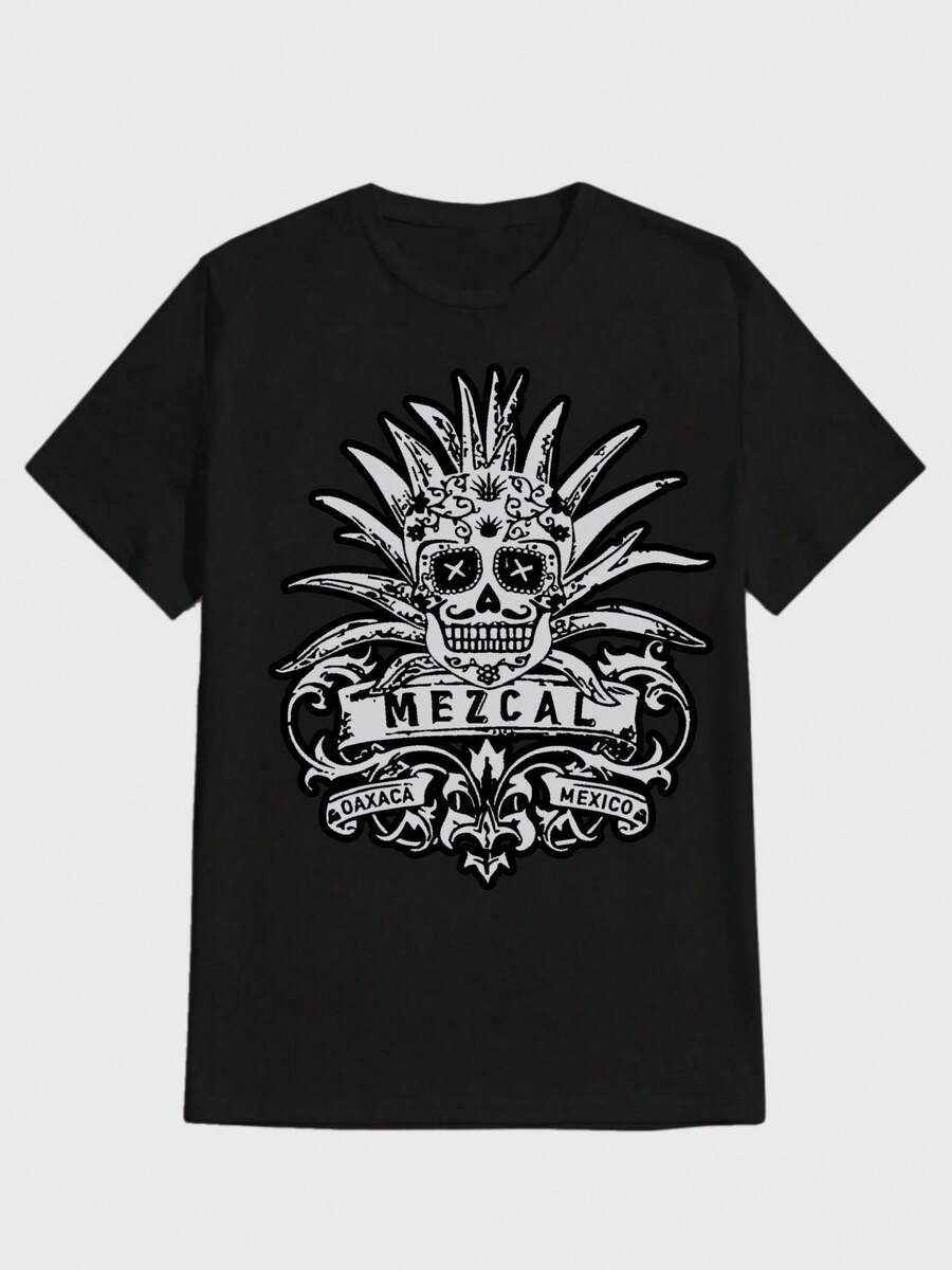 Para hombre,Camisa con estampado de calavera y "MEZCAL"-Estilo Tradicional y Mexicano,Camiseta casual de cuello redondo y manga corta con estampado,adecuada para uso diario en primavera y verano,unisex - Negro - Ver 1