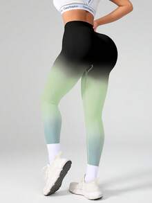 1pc High Waisted Gradient Compression Leggings, High Elasticity For Yoga, Fitness, Lifting Buttocks - Green - View 8