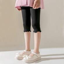 4 Pairs Summer Girls/Kids/Infants Ruffle Edge Capri Leggings, White/Gray/Black/Pink Solid Colors, Thin 3/4 Length Pants, Casual Cute Fashion, Soft & Comfortable Bottoms, Suitable For Daily Wear, Can Be Paired With Tops Or Skirts