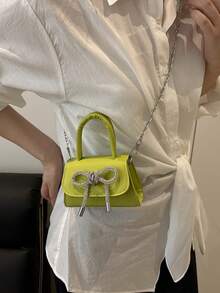 1pc Plain Color PU Rhinestone Decor Flap Front Handbag Tote Bag, Cute Style For Women - Green - View 7