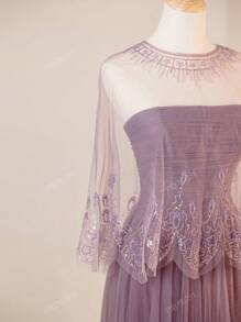 Elegante e raffinato abito da sera/abito in stile derby con sovrapposizione in rete viola, con scialle in pizzo, vestito formale, da cocktail, abito da sera, per invitati a matrimoni
