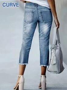 Plus Size Women Embroidered Raw Edge Skinny Elastic Cropped Pants, Old Money Style Women, Back To School, Teacher, Fall, Capri Pants For Women, Office, Vintage, Mom Jeans Women, Summer, Bottoms, Denim, Business Casual