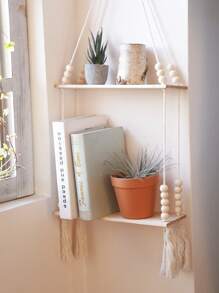 1 pièce d'étagère murale de style bohème tressée à la main - étagère murale flottante en bois avec perles en bois, convient pour la décoration de style ferme, étagère suspendue vintage pour la chambre, le salon, la chambre d'enfant, pour tenir des plantes en pot, vases, cristaux, quartz, décorations
