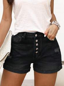 Women's Casual Distressed Button Up Denim Shorts - Black - View 7