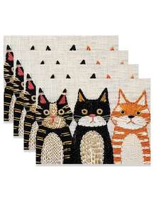 2/4/6pcs Linen Cat Placemats, 12x18 Inch, Rustic Vintage Table Mats For Home, Kitchen, Dining, Indoor & Outdoor, Holiday Decor, Farmhouse Style, No Power Needed