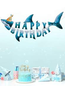 1set Shark Banner Pull Flag, Ocean-Themed Birthday Party Banner Set, Small Shark,Shark & Underwater Paper Flags For Birthday Party Decorations Room Decorations Supplies