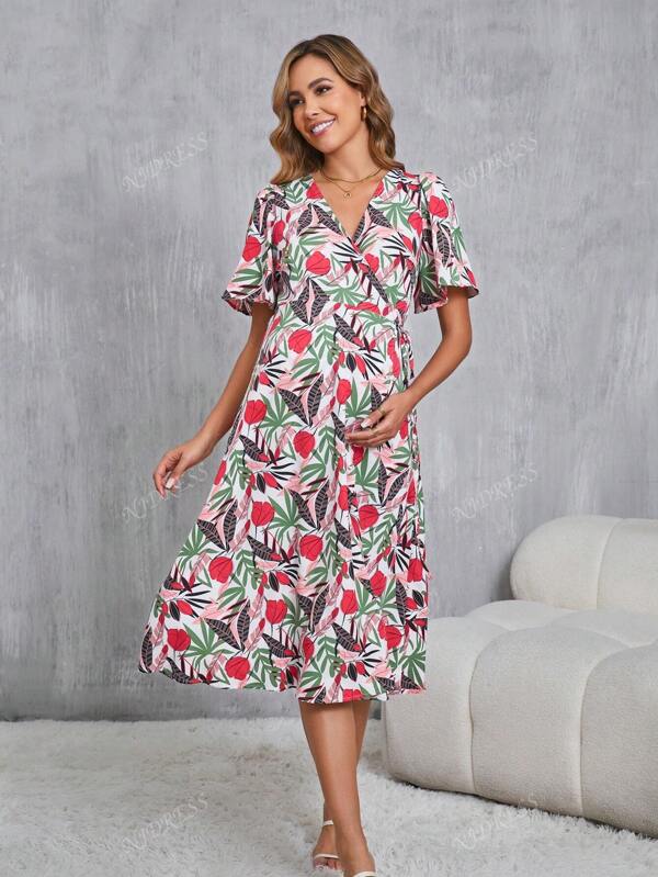 Vestido de chiffon com cordão e estampa floral estilo boho para gestantes, vestido de praia para o verão