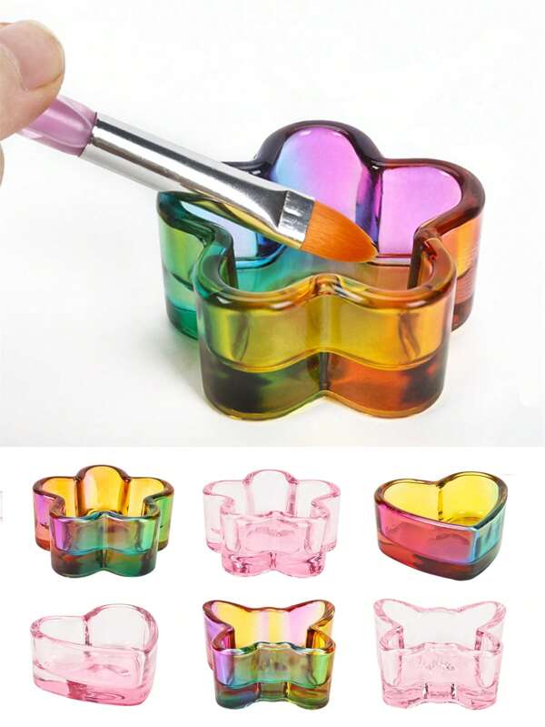 1 Pc Multicolor Pink Crystal Glass Acrylic Powder Liquid Nail Cup Brush Cleaner Flowr Butterfly Heart Glass Cup Bowl Manicure Equipment Accessory Tools