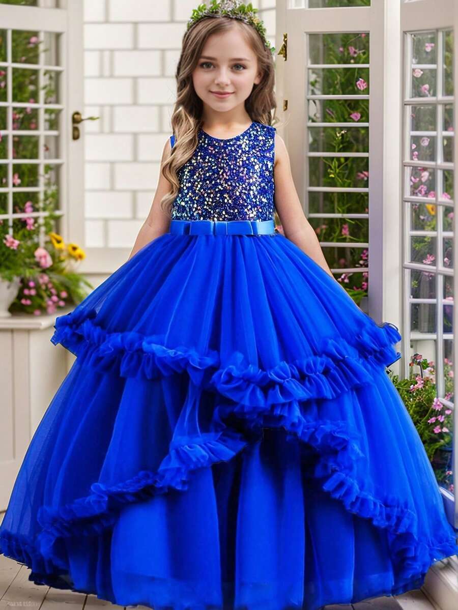 Tween Girl Sequin Layered Tulle Dress Formal Wedding Party Princess Gown, Four Seasons - Blue - View 1