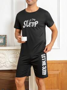2pcs/Set Men's Thin Summer Casual Sleepwear Set - Black Letter Graphic Short Sleeve Crew Neck Top & Shorts, Minimalist & Comfortable
