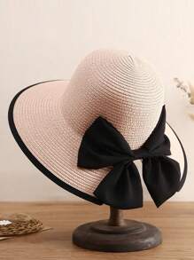 Chapeau de paille pour femmes, grand bord pliable avec nœud papillon, ouverture sur le dessus pour queue de cheval, style unique et chic, mode coréenne pour l'été