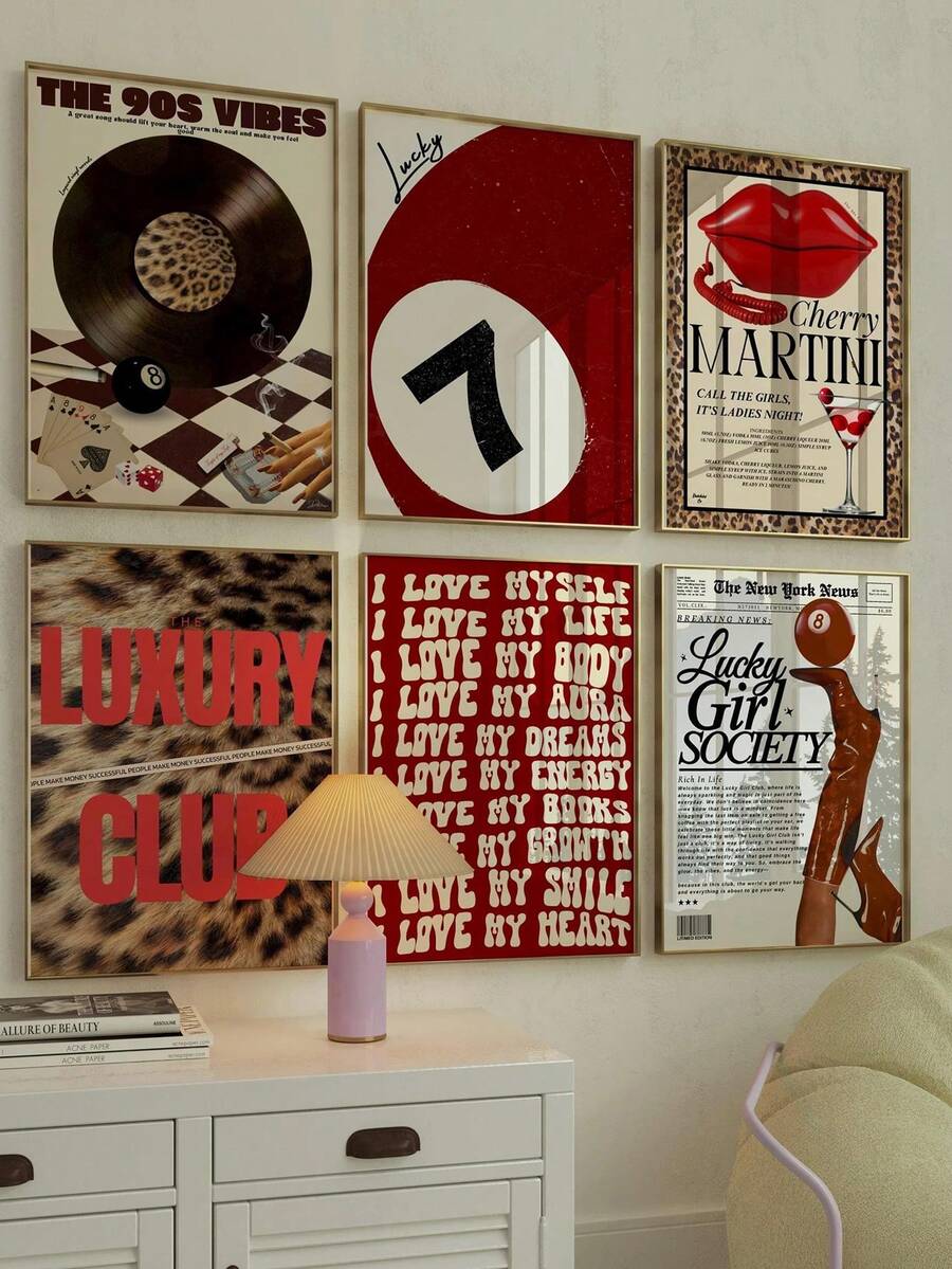1 pieza Impresiones retro de estilo femenino, arte de pared de leopardo rojo de la galería de los 70, arte de pared de estampado de guepardo de moda, impresiones de decoración de carrito de bar, pósteres de lienzo de bolas de la suerte vintage, para dormitorio, apartamento, dormitorio, sala de estar, decoración del hogar moderna, decoración de verano, sin marco - Multicolor - Ver 1