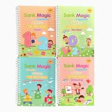 Juego de 4 PIEZAS que incluye: Cuadernos de ejercicios de lectura y escritura + Bolígrafo, Protector de mano, Ejercicios de aprendizaje de fuentes, Libro de práctica del alfabeto inglés, Libro de trazado de animación, Libro de copia de escritura, Libro de práctica de caligrafía, Material escolar de aprendizaje, Regalo para niños y niñas (Color del bolígrafo aleatorio)