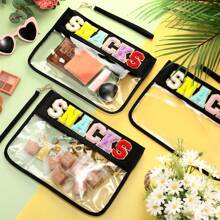 Fashionable Snack Storage Bag, Outdoor Travel Makeup Pouch, Portable Hand-Held Bag For Women, Lettered Cosmetic Bag, PVC Waterproof Portable Cosmetic Organizer,White