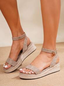 Women's Platform Wedge Sandals, Women's Sandals, Women's Shoes, Platform Sandals, Straw Rope, Slides, Real Leather, Suitable For All Seasons Wear, Vacation, Party, Casual, Beach