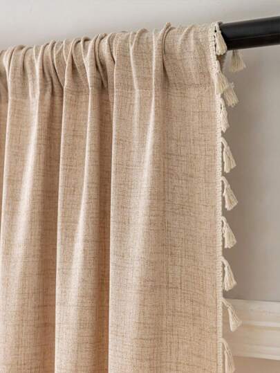 1pc Linen Texture Fringe Edge American Style Curtain, Semi-Sheer Privacy Curtain For Bedroom Window Privacy Blocking, Living Room Sheer Drape