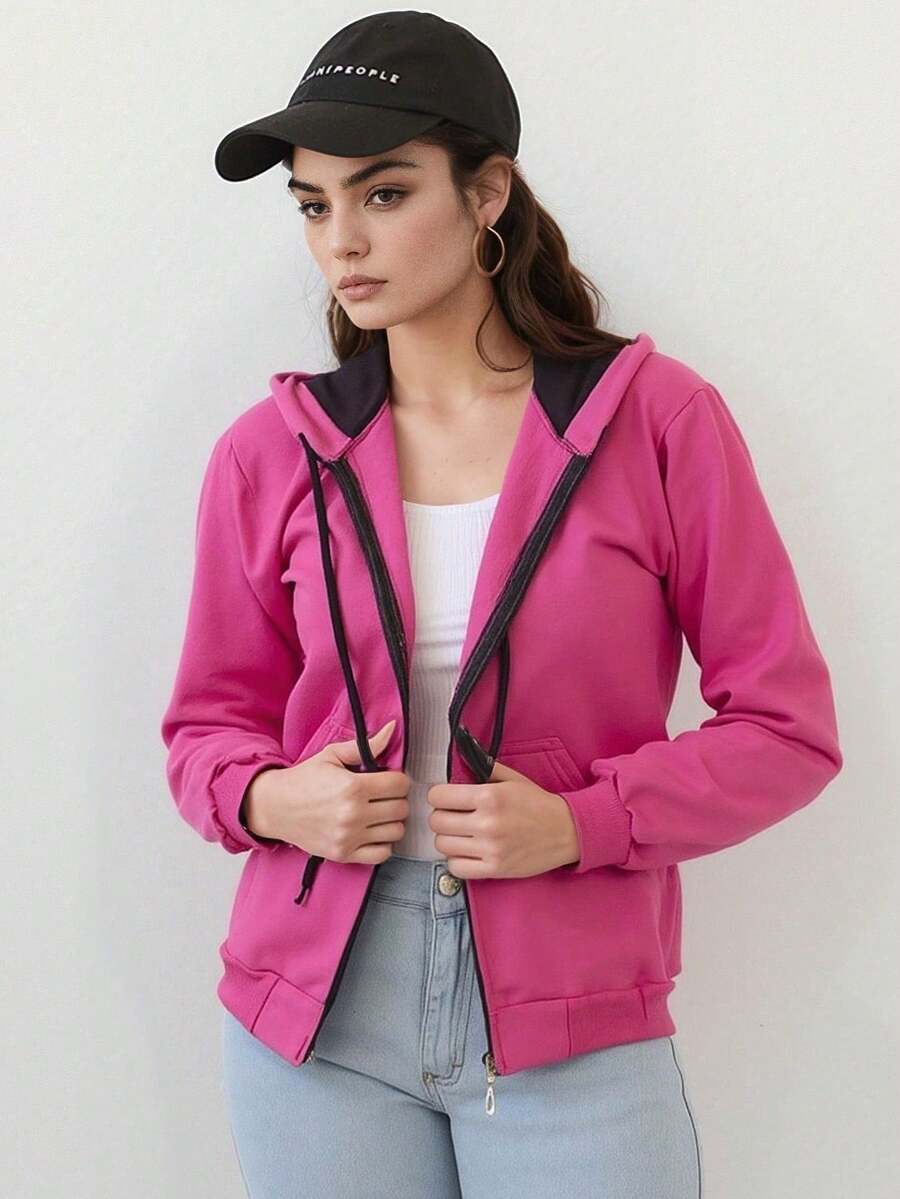 Women's Plain Cold Weather Sweatshirt With Zipper Direct From Factory For Winter - Rosa Fucsia - Ver 1
