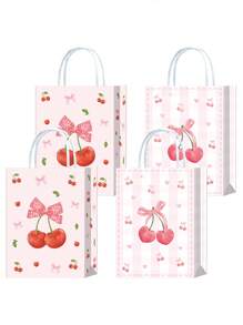 1 set / 5 piezas, bolsa de regalo con lazos de cereza para fiesta, bolsa de papel con dibujos animados de colores impresos