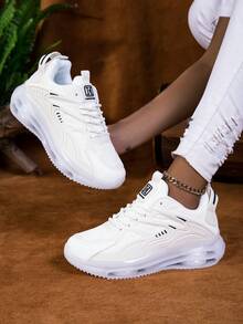 Women's Solid Color Mesh Thick Sports Sneakers, Lace-Up Breathable Running Shoes, Thick-Soled Platform Chunky Sneakers - White - View 2