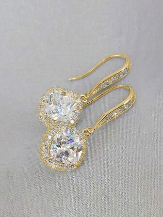 1 par de aretes con colgante de circonita cúbica con diamantes micro-incrustados de lujo, joyería de cobre imitación de diamante adecuada para mujeres, boda, compromiso, aniversario, fiesta, regalo del Día de San Valentín