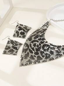 3pcs/Set Grid Pattern Aluminum Alloy Exaggerated Wide Triangular Necklace, Clavicle Chain, And Earrings Jewelry Set, Suitable For Party, Banquet, Wedding, Gift-Giving - Y-shaped Long Chain - View 4