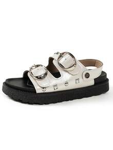 夏季休闲鞋女金属扣铆钉带凉鞋舒适复古厚底防滑露趾沙滩鞋