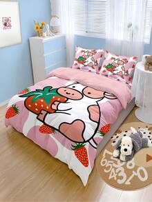Strawberry Cow Print Bedding Set, 4pcs Single Bed Set (1 Duvet Cover + 1 Bed Sheet + 2 Pillow Cases, Without Comforter And Pillow Inserts), Soft And Machine Washable, Suitable For Girls Bedroom, Living Room, Dormitory - JYZ-sJT0664 - View 6