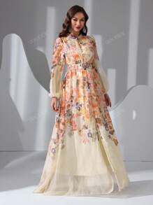 Women's Lantern Sleeve Elegant Floral Print Random Cut Arabic Style Dress