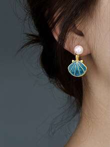 2pcs Blue Pearl Shell Minimalist Niche Design Earrings, Elegant High-End Elegant Female Earrings, Spring/Summer - Baby Blue - View 2