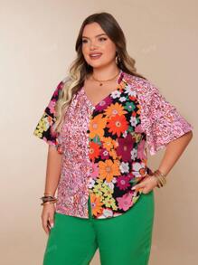 Plus Size Women's Cute Button Ruffle Short Sleeve Colorblocked Floral Print V-Neck Elegant Blouse For Summer