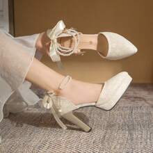 Women's Champagne Color High Heels, Solid Color Pointed Toe Bowknot Faux Pearl Glitter Sandals, Versatile Formal Party Dress Shoes