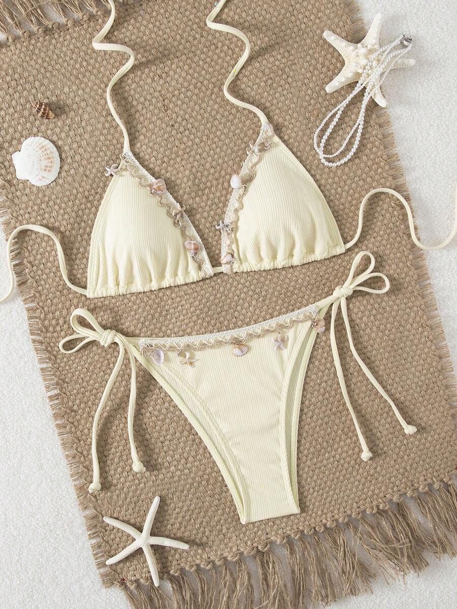 New Soft Cup, Spaghetti Strap, Open Back, Shell Decor Swimwear Set - Cream - View 1