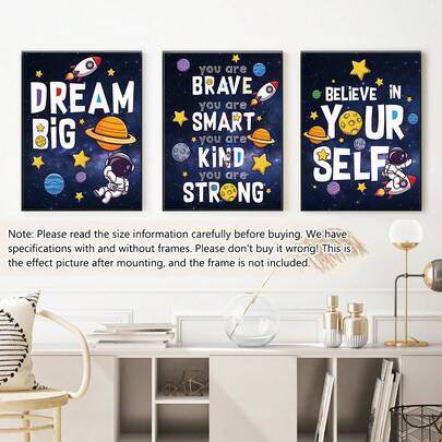 3 件/套帆布印刷装饰画、星球、太空墙面装饰、名言、宇宙主题、充满活力的宇航员和励志名言艺术、儿童礼物、室内家居墙面装饰艺术、海报、墙面艺术、房间装饰用品