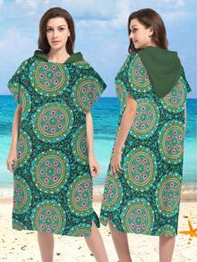 1pc Green Mandala Flower Printed Hooded Cloak/Robe - Super Soft Microfiber Beach Pattern, Suitable For Men, Women, Couples As Gift - Beach & Home Decor, Couple Wrap | Microfiber Bathrobe, Fit For All Occasions Back To School - Multicolor - View 3