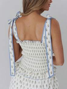 Women Summer Floral Spaghetti Strap Dress Y2K Flowy Smocked Tie Up Shoulder Boho Maxi Flowy Swing Dress Beach Sundress - 彩色 - 查看 7