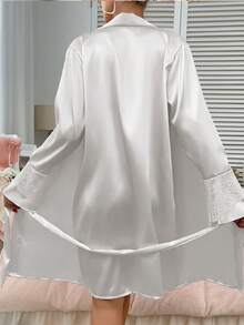 1件女士黑色新款长袖休闲舒适透气性感系带家居浴袍，四季家居浴袍，夏季浴袍，秋季浴袍，冬季浴袍返校 - 白色 - 查看 6