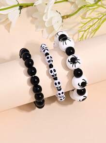 3pcs Gothic Goth Horror Blood Hand Skull Pumpkin Spider Print Wooden Bead Bracelet, Punk Style Elastic Wrist Strap, Unisex, Suitable For Halloween Party Holiday Gift
