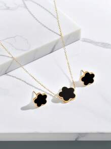 Conjunto de 3 peças de colar e brincos banhados a ouro e aço inoxidável, combinação de flor preta, design de estilo vintage moderno e versátil para homens, mulheres, casais, uso diário e festas