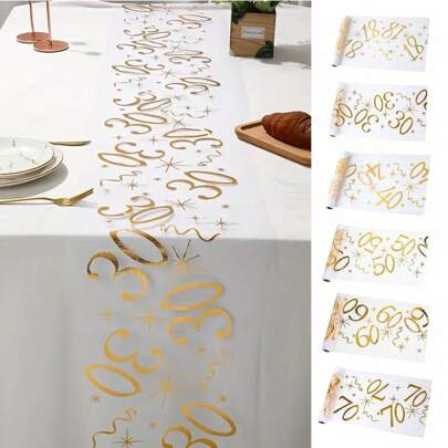 1pc 28*275cm Gold 18, 20,30, 40, 50, 60, 70,80,90 Pattern Polyester Table Runner, 18th 30th 40th 50th 60th 70th Happy Birthday Party Decoration Supplies, Birthday Party Home Room Dining Table Decoration Supplies